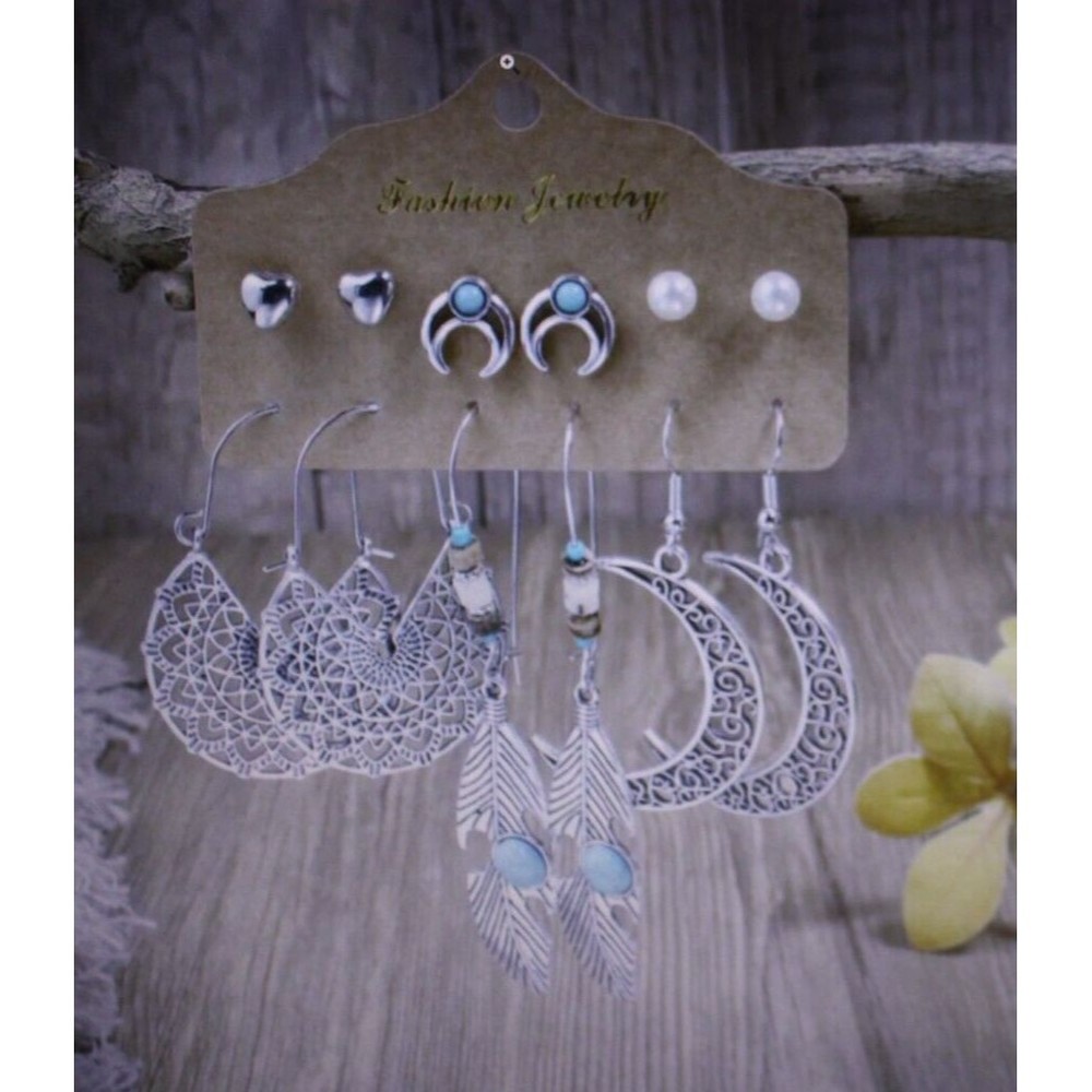 Boho Drop Dangle & Stud Pk 6 Earrings Silver Moon Leaf Heart Pearl Filigree  NWT